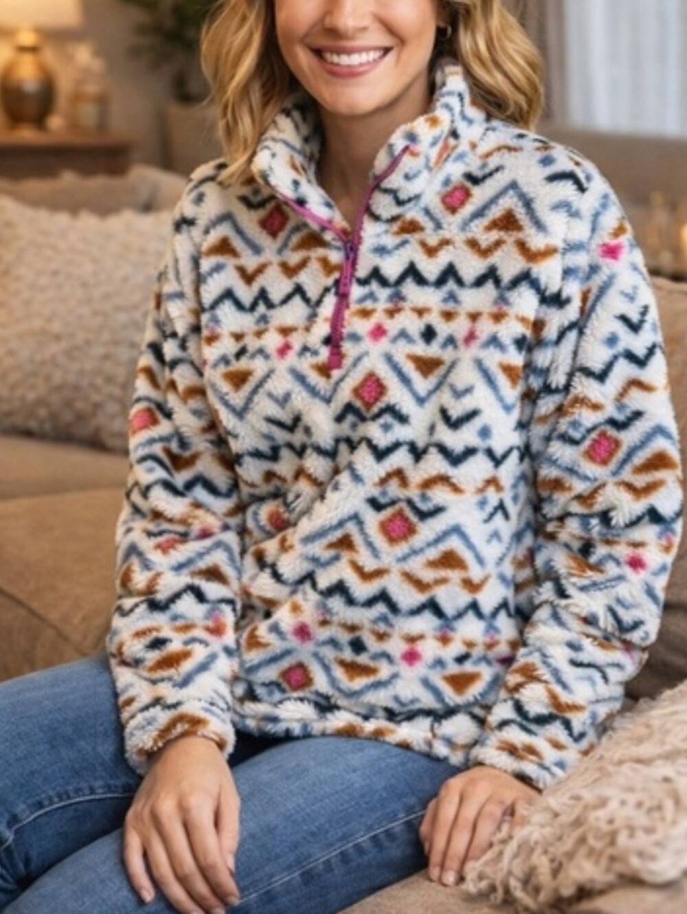 Eddie Bauer White Multi Plush Geometric Turtleneck Sweater